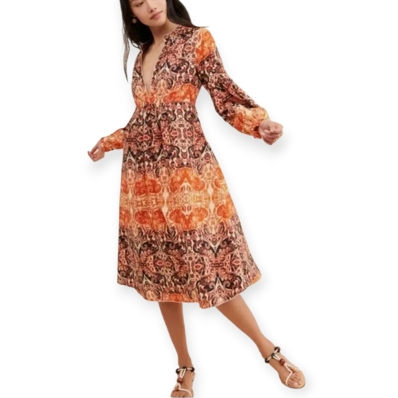 Agua Bendita for Anthropologie Elayna Cotton Midi Long Sleeve Dress Large Petite - Picture 1 of 17